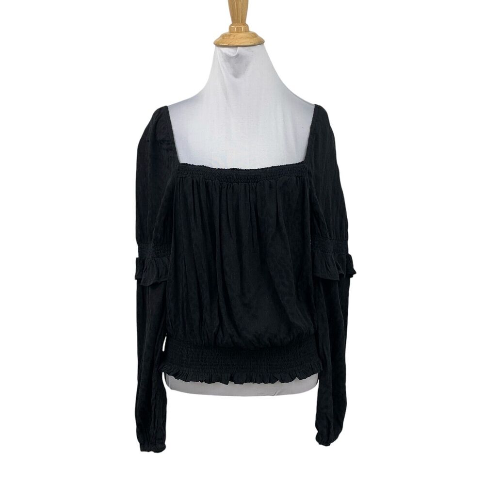 Love Fire Blouse Womens L Large Black Shirred Tiered Sleeve Cropped Square Neck